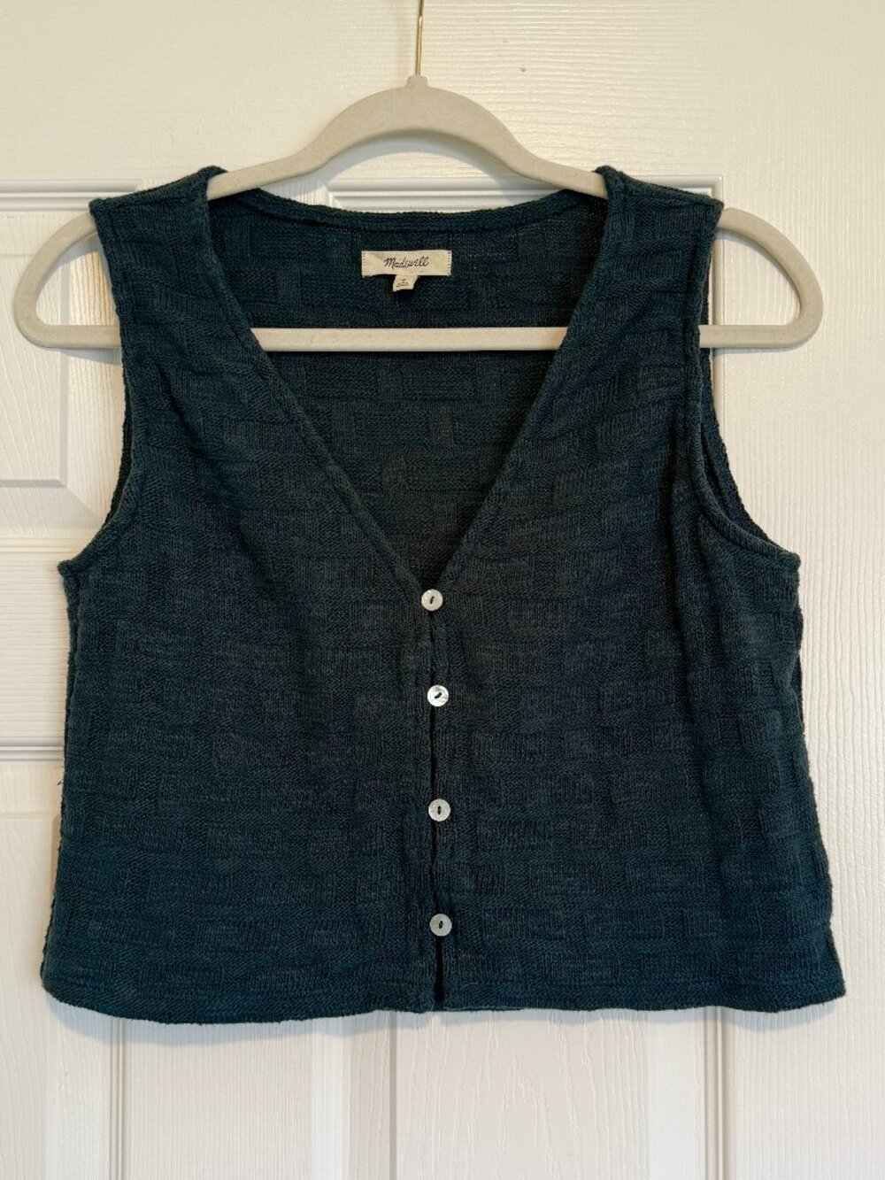 Madewell Pine Green Basketweave Knit Button Front Cropped Sweater Vest Size S